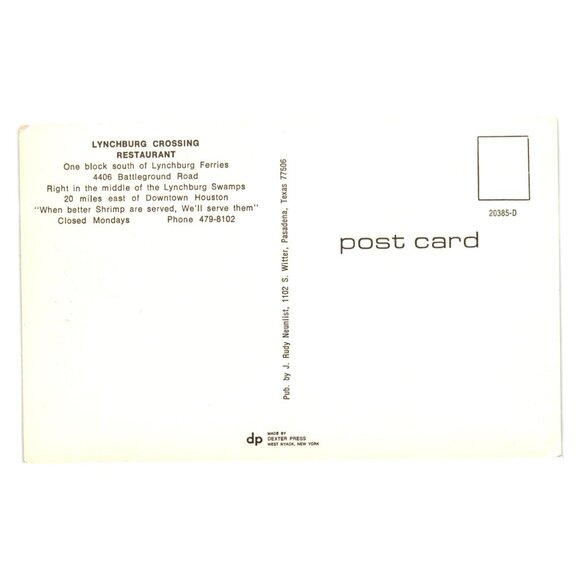 Vintage Lynchburg Crossing Restaurant Postcard Houston Texas Dining Dexter Press - Picture 2 of 2